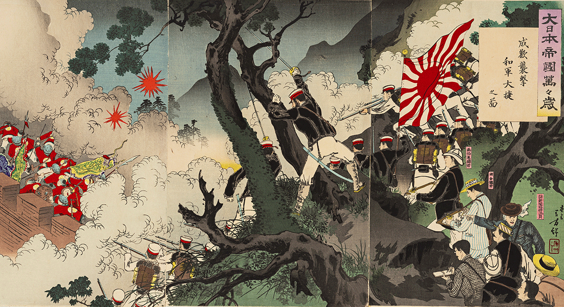 Mizuno Toshikata, Længe leve det japanske storimperium: Japanske troppers sejr ved angrebet på Seonghwan, 1894. Foto: Pernille Klemp, Designmuseum Danmark.